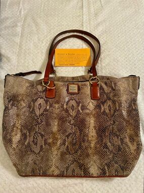 Dooney & Bourke Python Embossed Leather Charleston Tote Shopper Bag Tan Brown